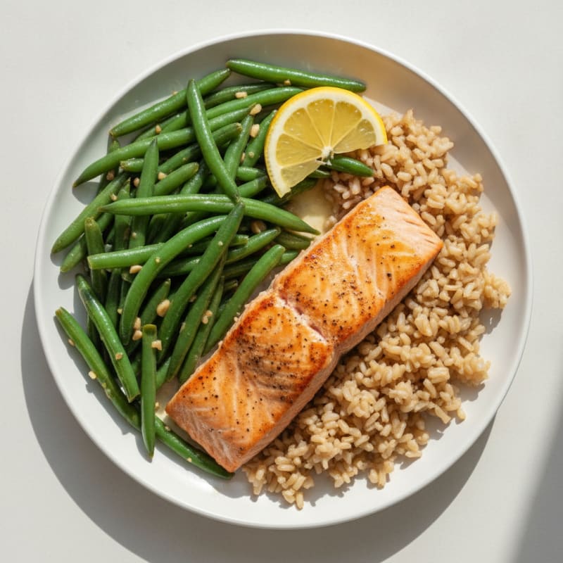 Seared Salmon with Garlic Green Beans and Brown Rice