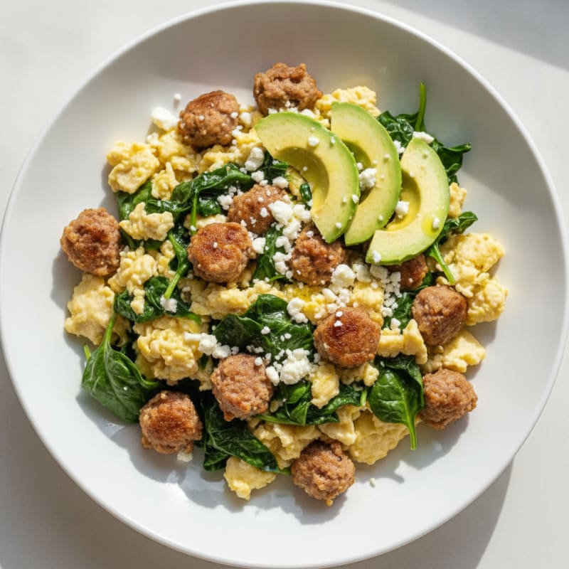 Egg White Spinach Scramble with Turkey Sausage