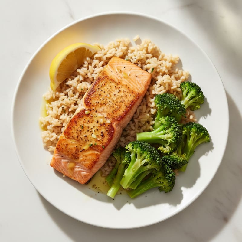 Seared Salmon with Steamed Broccoli and Brown Rice