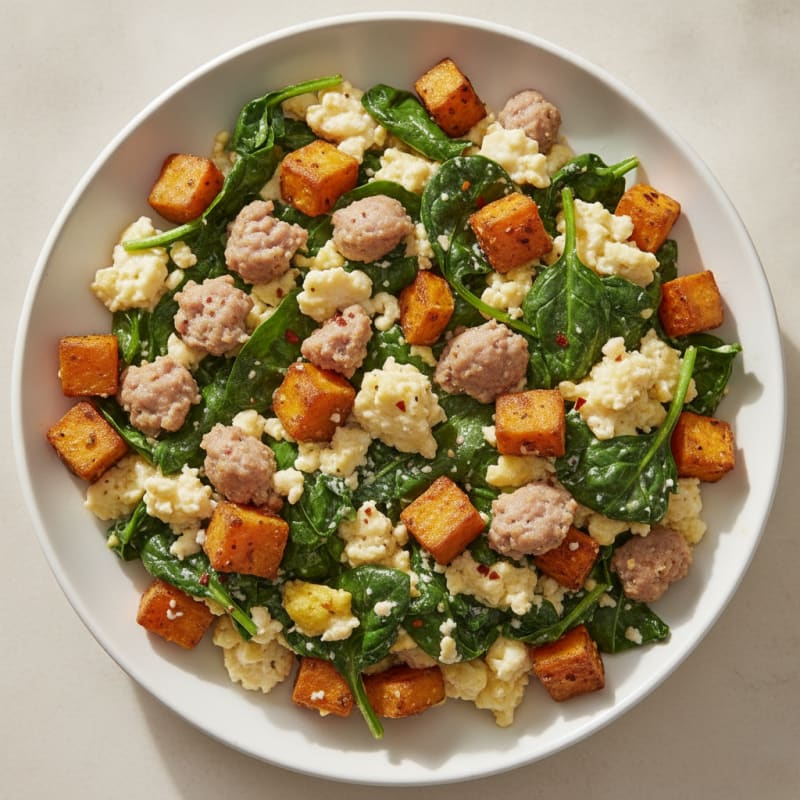 Egg White and Turkey Sausage Scramble with Spinach and Sweet Potato