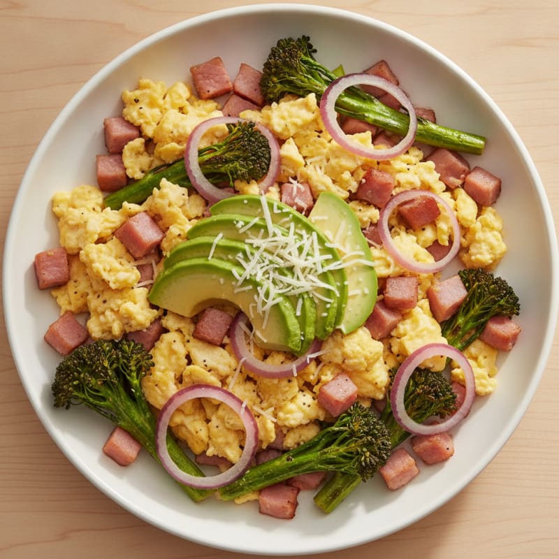 Egg and Ham Scramble with Sautéed Broccolini and Red Onion