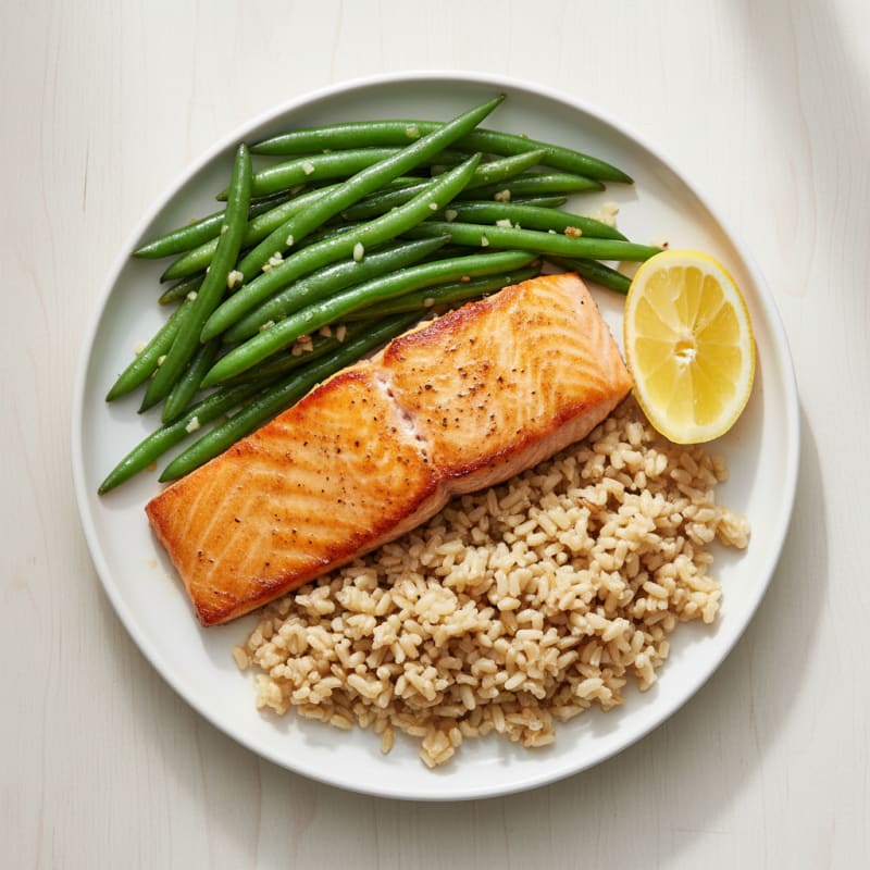Seared Salmon with Garlic Green Beans and Brown Rice