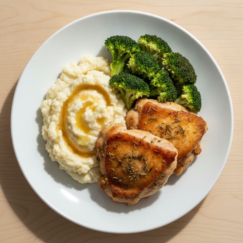 Herb-Seared Chicken Thighs with Steamed Broccoli and Cauliflower Mash