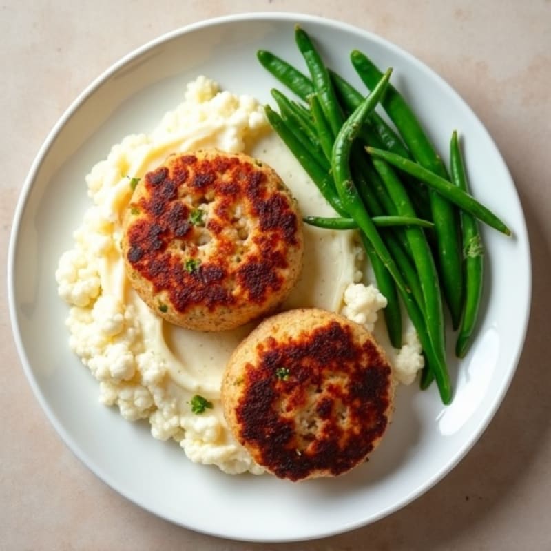Seared Turkey Patties with Creamy Mashed Cauliflower and Steamed Green Beans