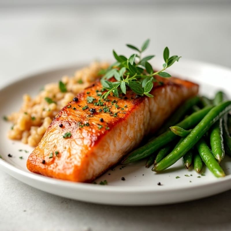 Seared Salmon with Garlic Green Beans and Brown Rice