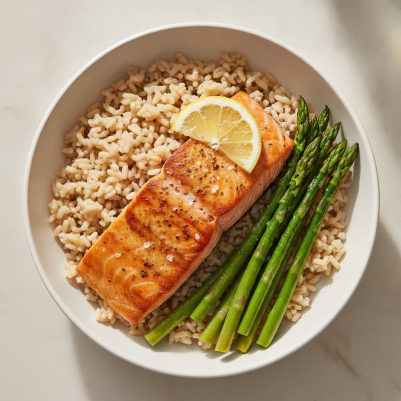 Seared Salmon Fillet with Steamed Asparagus and Brown Rice