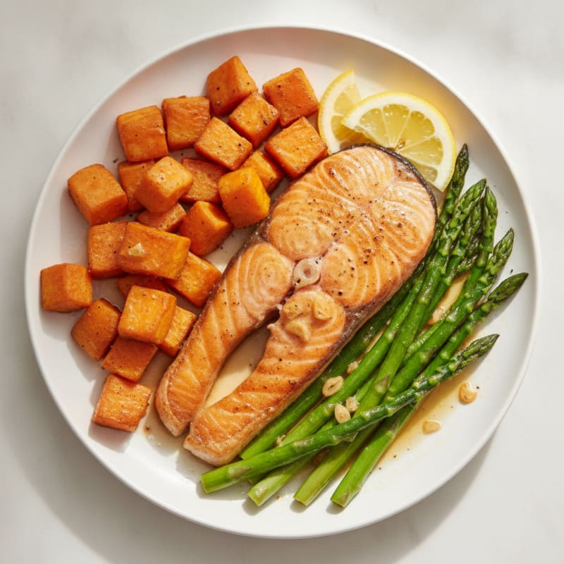 Seared Salmon with Roasted Sweet Potato and Asparagus