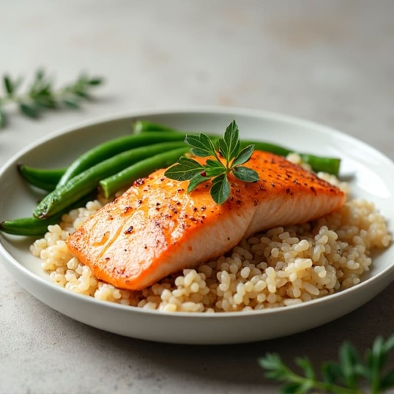 Seared Salmon with Garlic Green Beans and Brown Rice