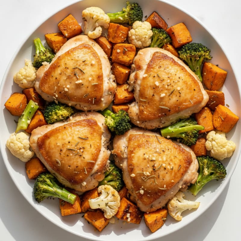 Herb-Roasted Chicken Thighs with Broccoli, Cauliflower, and Sweet Potato