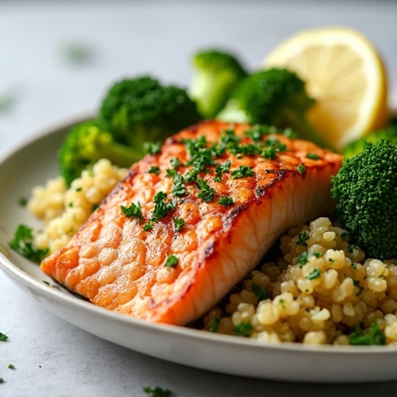 Seared Salmon with Roasted Broccoli and Lemon-Herb Quinoa