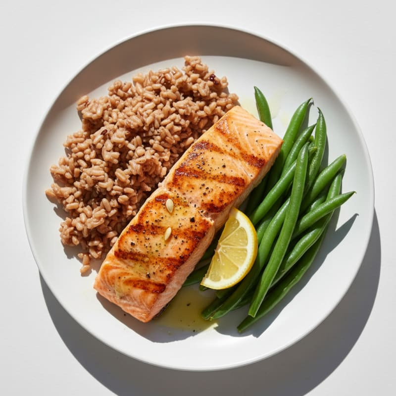 Seared Salmon with Steamed Green Beans and Brown Rice