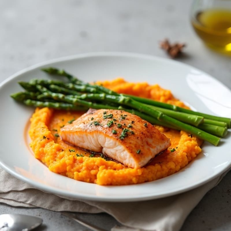 Seared Salmon Fillet with Steamed Asparagus and Sweet Potato Mash