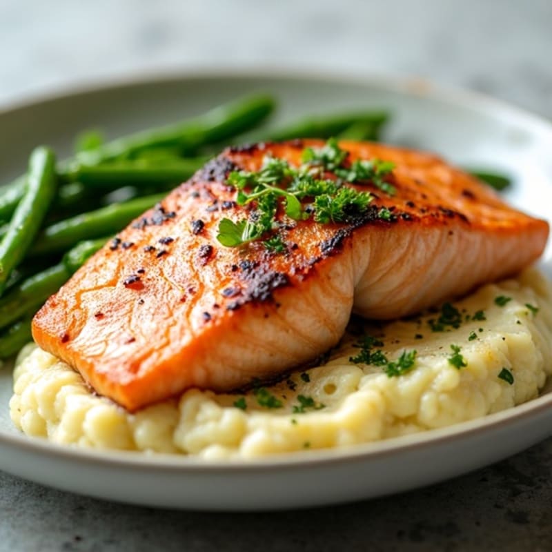Seared Salmon with Garlic Green Beans and Cauliflower Mash