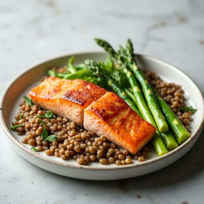 Seared Salmon Fillet with Steamed Asparagus and Lentil Mash
