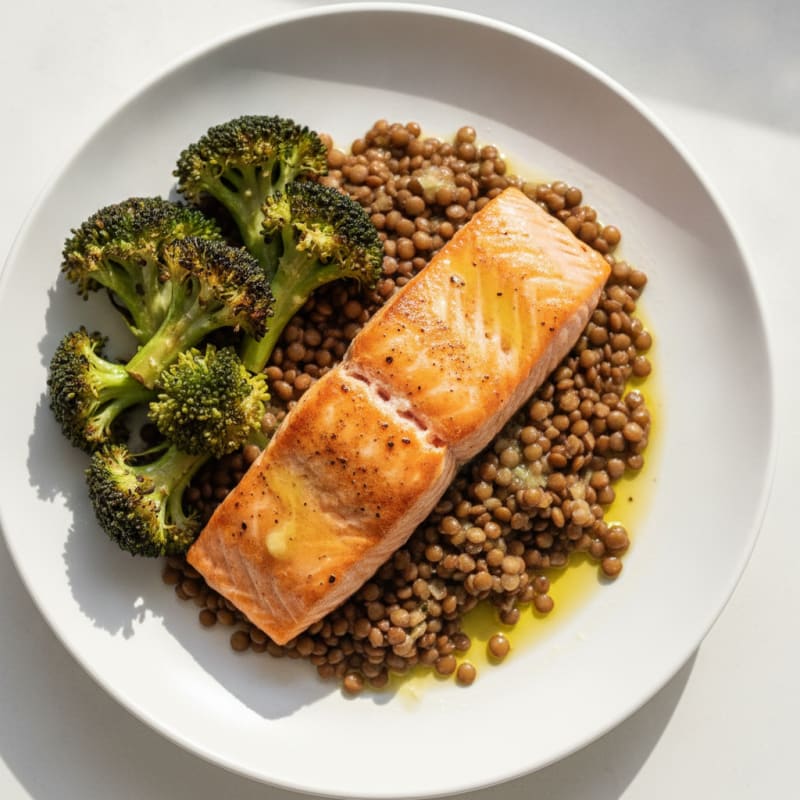 Seared Salmon Fillet with Roasted Broccoli and Lentils