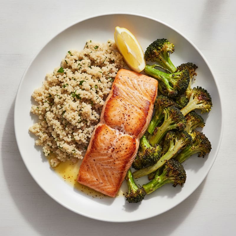 Seared Salmon with Roasted Broccoli and Quinoa