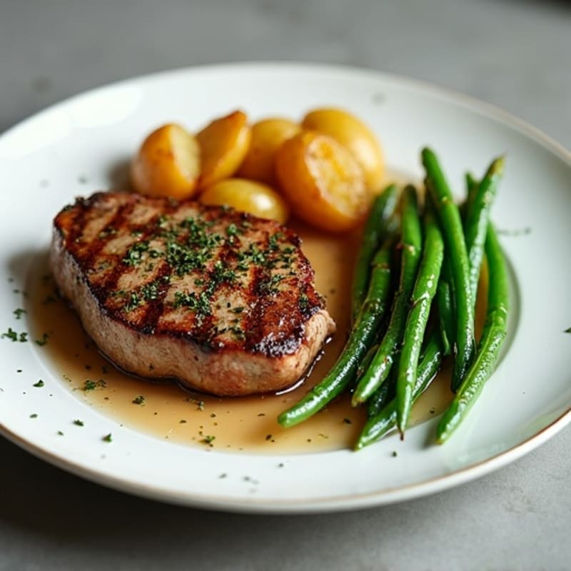 Pan-Seared Garlic Butter Steak with Crispy Roasted Potatoes and Tender Green Beans