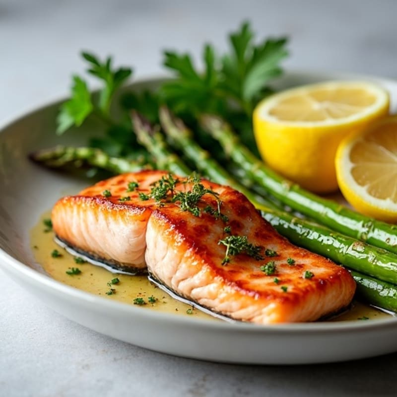 Crispy Skin Salmon with Roasted Asparagus and Lemon-Herb Dressing