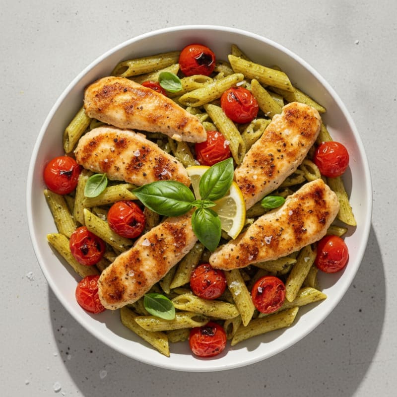 Chicken Pesto Pasta with Blistered Tomatoes