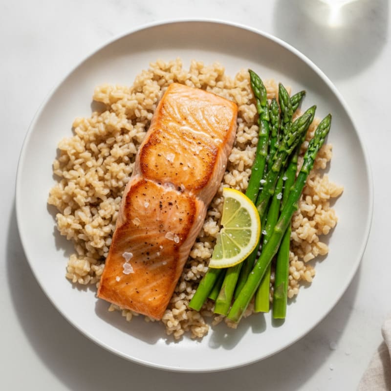 Seared Salmon with Steamed Asparagus and Brown Rice
