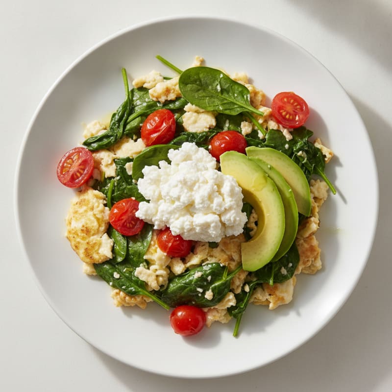 Egg White and Spinach Scramble with Cottage Cheese and Tomatoes