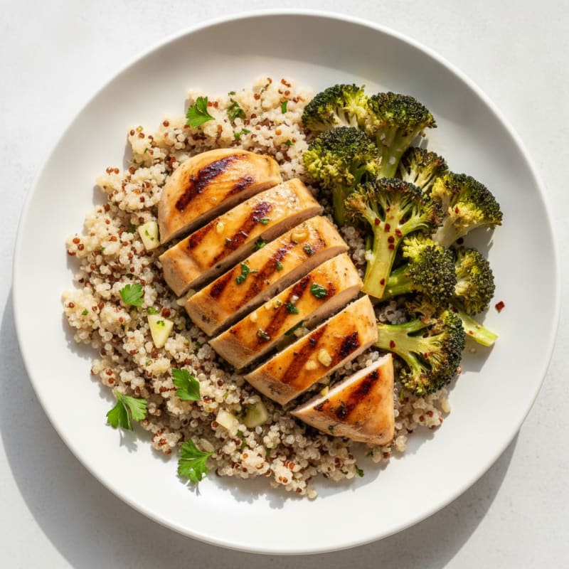 Grilled Lemon-Herb Chicken with Quinoa and Roasted Broccoli