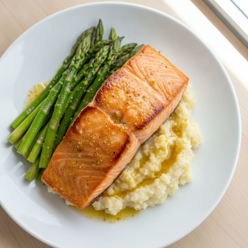 Seared Salmon with Steamed Asparagus and Cauliflower Mash