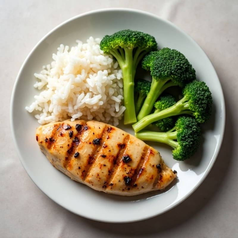 Grilled Chicken Breast with Steamed Rice and Broccoli