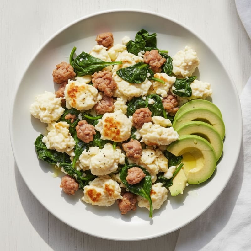 Egg White Scramble with Turkey Sausage and Sautéed Spinach