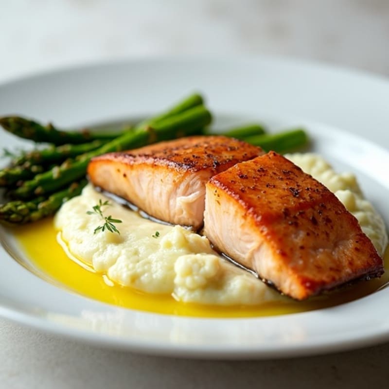 Seared Salmon with Steamed Asparagus and Cauliflower Mash
