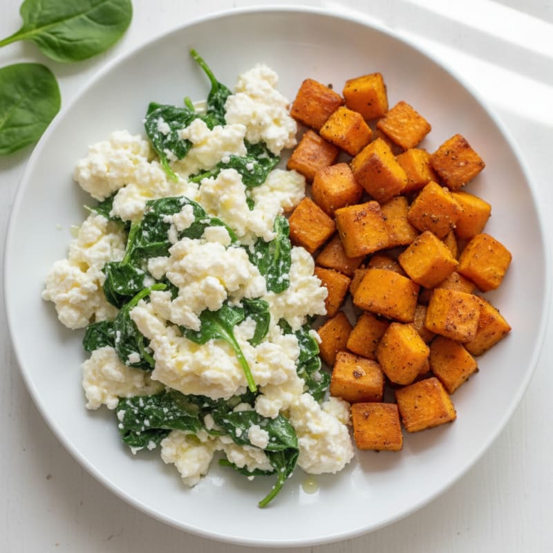 Egg White Spinach Scramble with Cottage Cheese and Roasted Sweet Potato