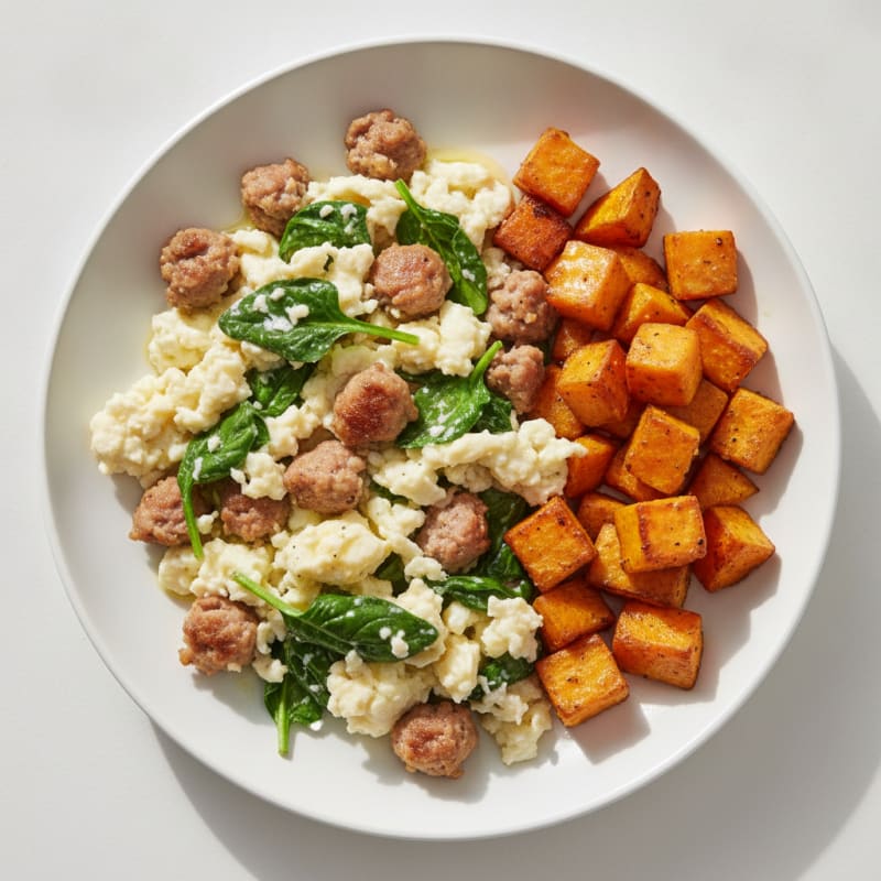 Egg White and Turkey Sausage Scramble with Spinach and Roasted Sweet Potato