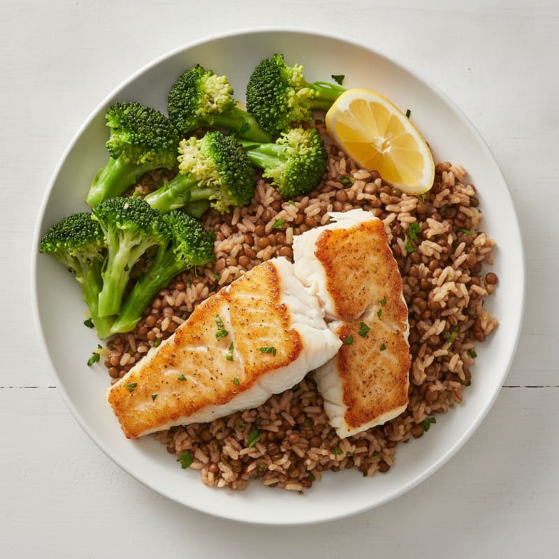Seared White Fish with Herb Rice and Steamed Broccoli