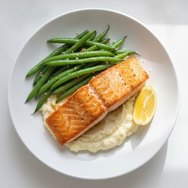Seared Salmon with Garlic Green Beans and Cauliflower Mash