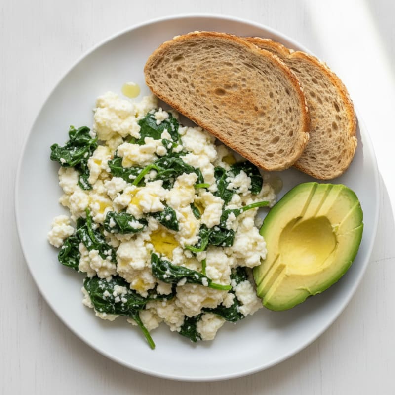 Egg White and Cottage Cheese Scramble with Sautéed Spinach