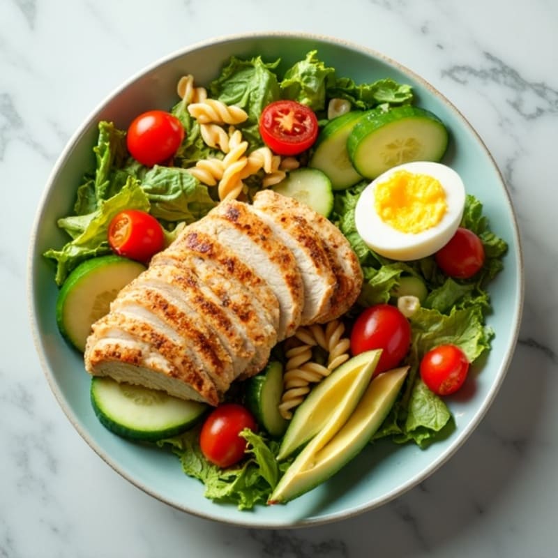 Grilled Chicken Pasta Salad with Cucumber, Tomato, and Avocado