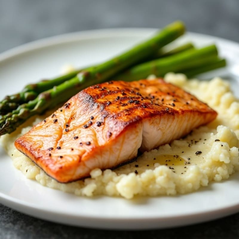 Seared Salmon with Steamed Asparagus and Garlic Cauliflower Mash