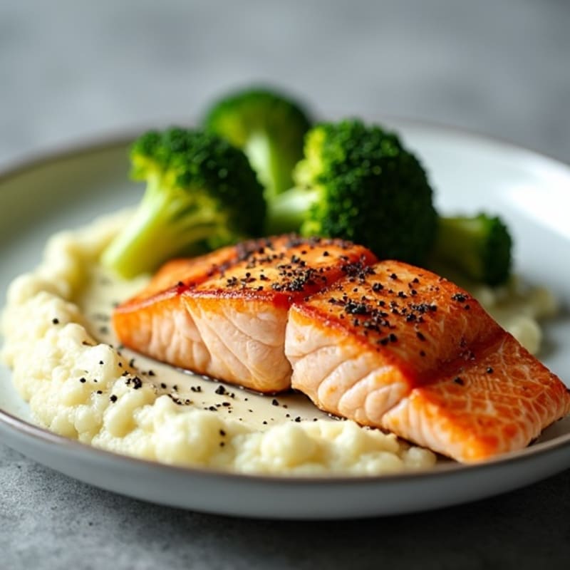 Seared Salmon with Roasted Broccoli and Cauliflower Mash