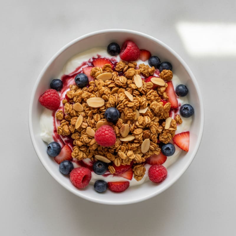 Greek Yogurt Parfait with Crunchy Almond Granola and Mixed Berries