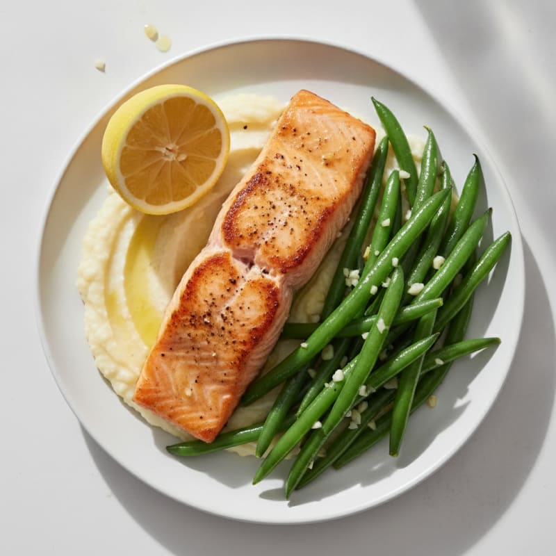 Seared Salmon with Creamy Cauliflower Mash and Sautéed Green Beans