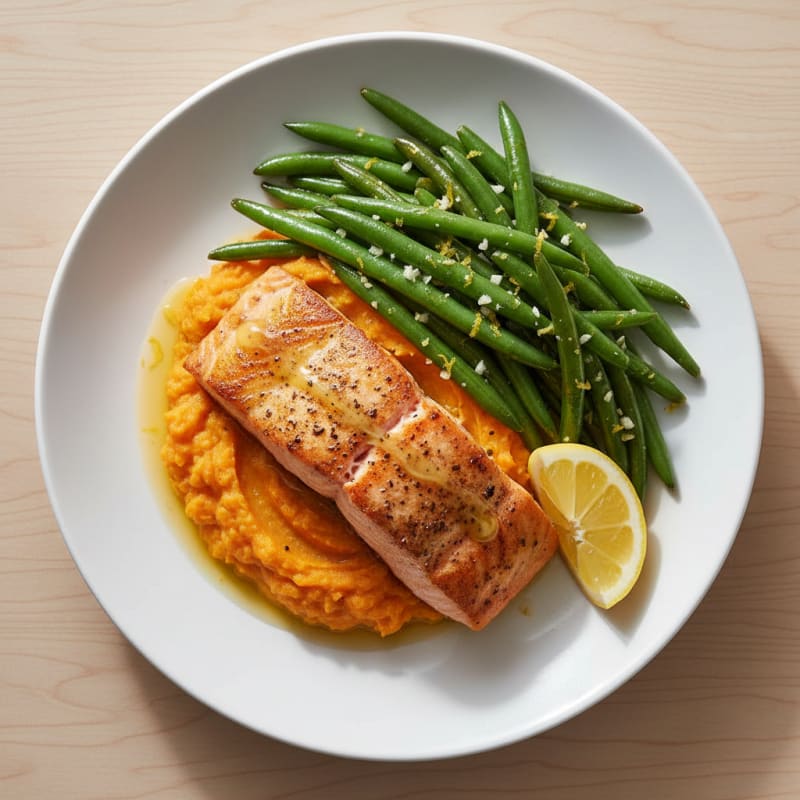 Seared Salmon with Garlic Green Beans and Sweet Potato Mash