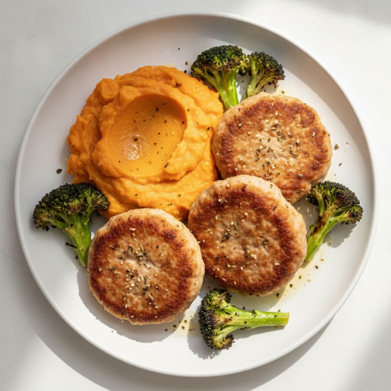 Seared Turkey Patties with Roasted Broccoli and Sweet Potato Mash