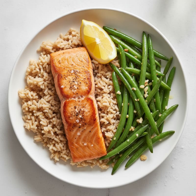 Seared Salmon Filet with Garlic Green Beans and Brown Rice