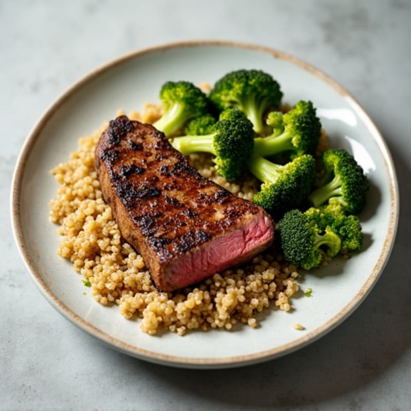 Seared Lean Beef with Roasted Broccoli and Garlic Quinoa
