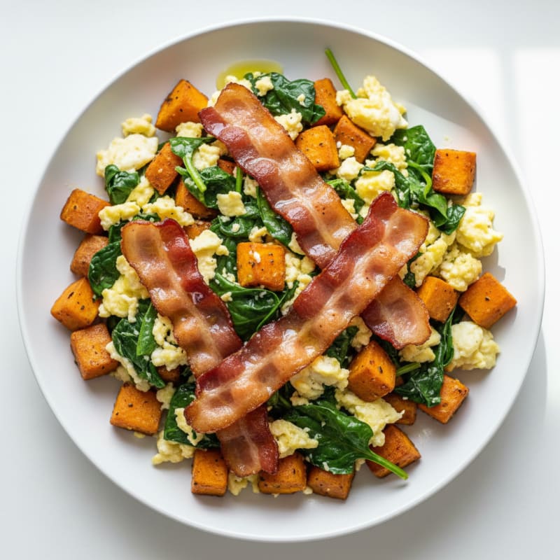 Crispy Turkey Bacon and Egg White Scramble with Spinach and Sweet Potato
