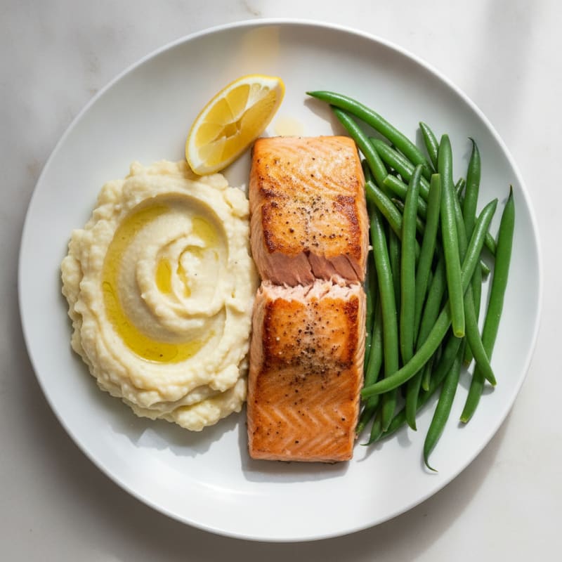 Seared Salmon with Steamed Green Beans and Garlic Mashed Cauliflower