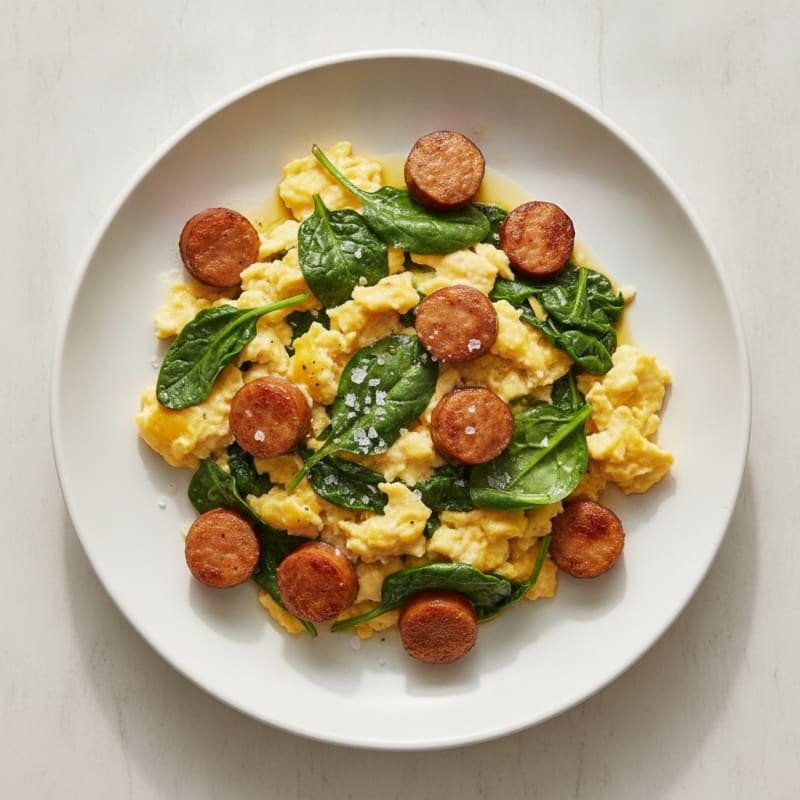 Scrambled Eggs with Sautéed Spinach and Turkey Sausage