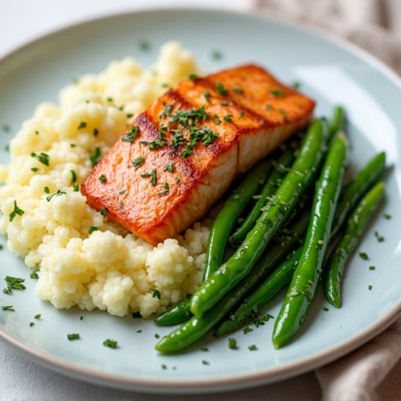 Seared Salmon with Steamed Green Beans and Garlic Mashed Cauliflower