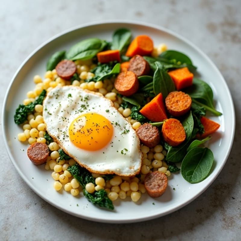 Egg White and Turkey Sausage Scramble with Spinach and Roasted Sweet Potato
