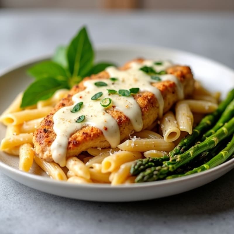 Creamy Garlic Parmesan Chicken with Whole Wheat Pasta and Roasted Asparagus